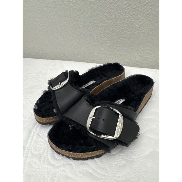 Birkenstock Shoes - Birkenstock Madrid Single Strap Big Buckle Fur Lined Comfort Sandals Black 38